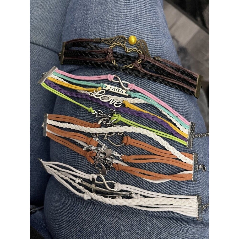 Lot 4 Boho Braided Cord Bracelets Angel Wings Faith Love Charms